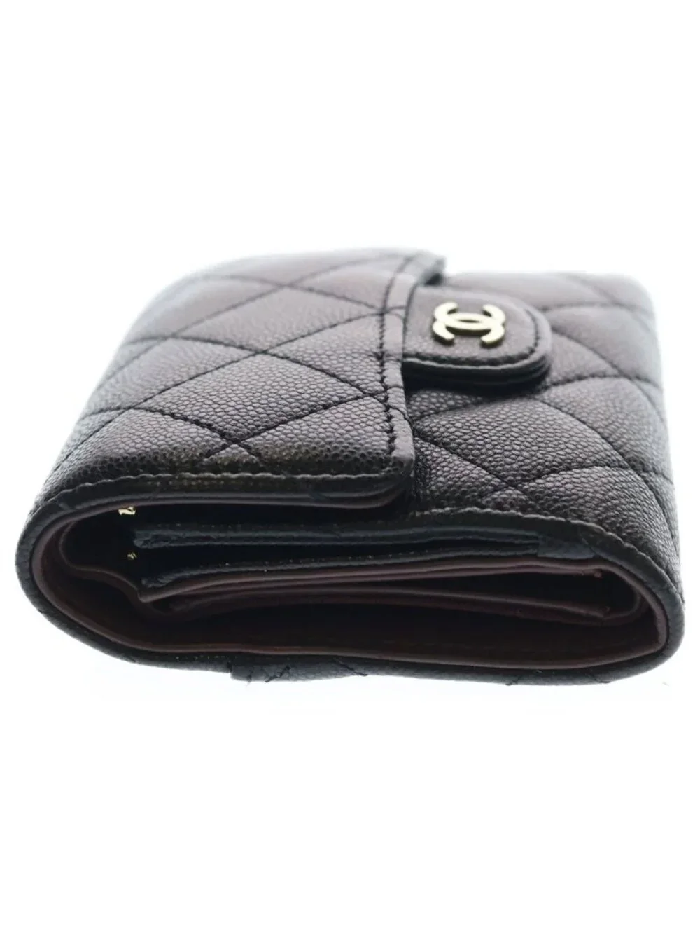 Chanel CC Logo Quilted Caviar Leather Compact Wallet Trifold Black Gold